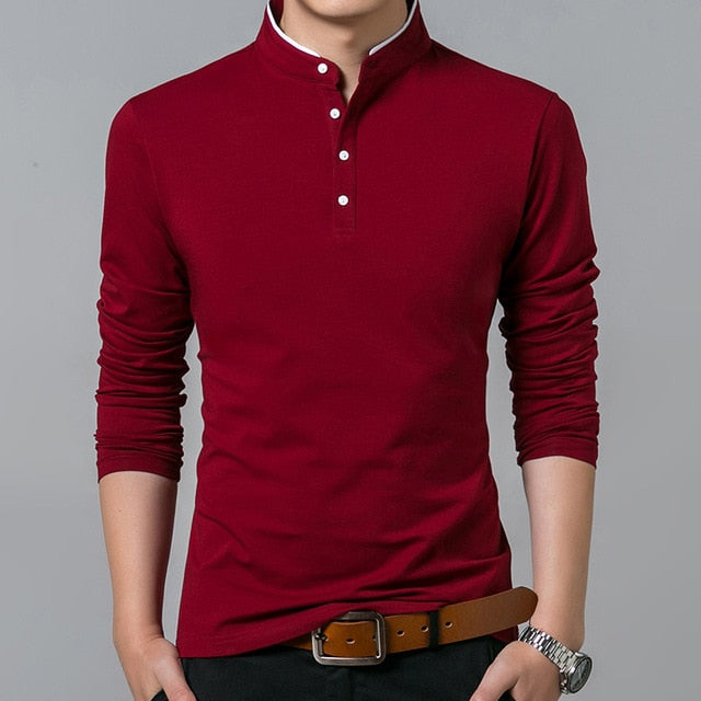burgundy mandarin collar button up long sleeve shirt
