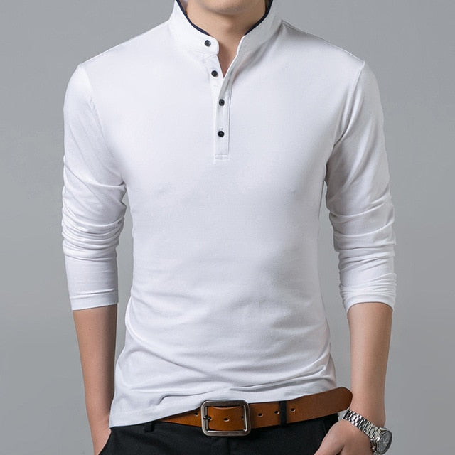 white mandarin collar button up long sleeve shirt