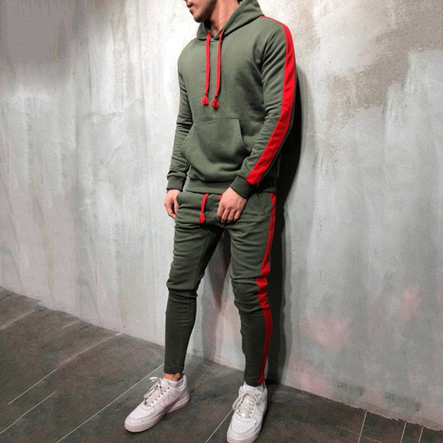army green red stripe hoodie track suit jump set