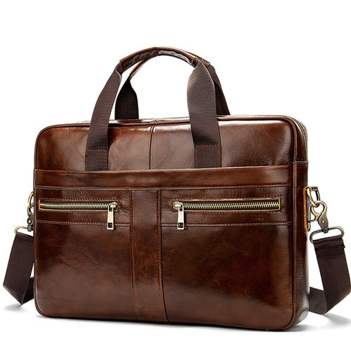 brown leather briefcase carrying bag