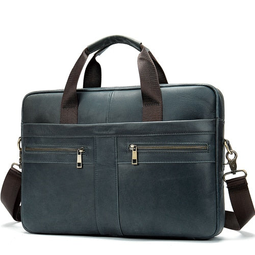 blue leather briefcase carrying bag