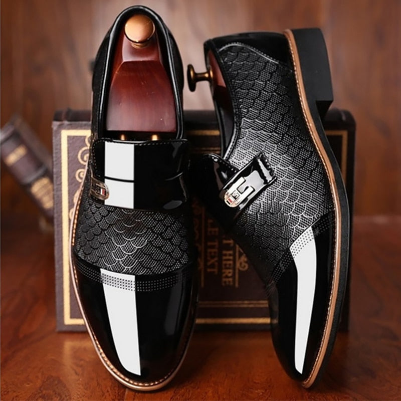black patent leather fishscale pattern dress shoes