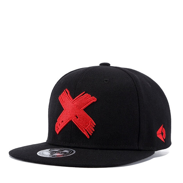 red x on black snapback cap
