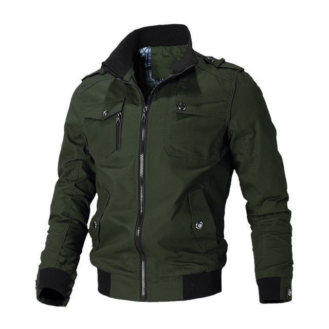 army green stand up collar zipper slim fit jacket