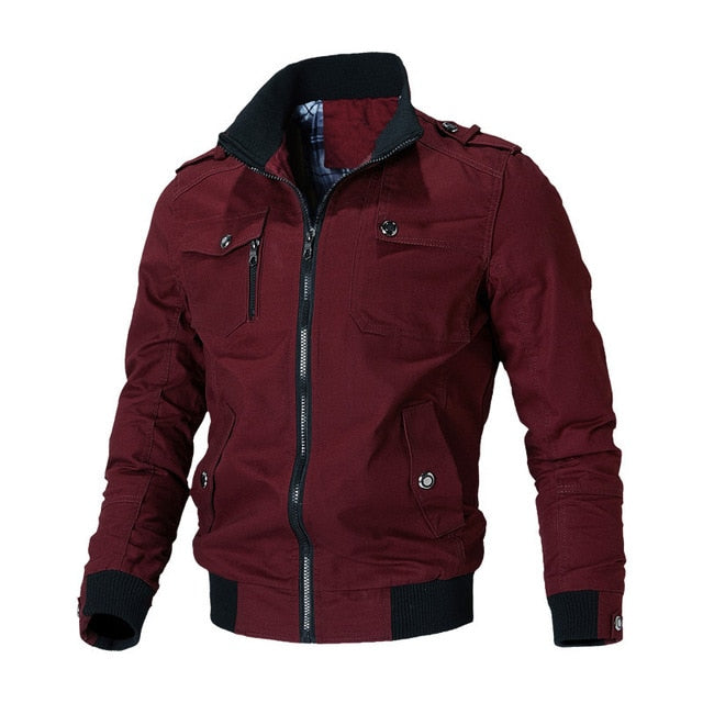burgundy stand up collar zipper slim fit jacket