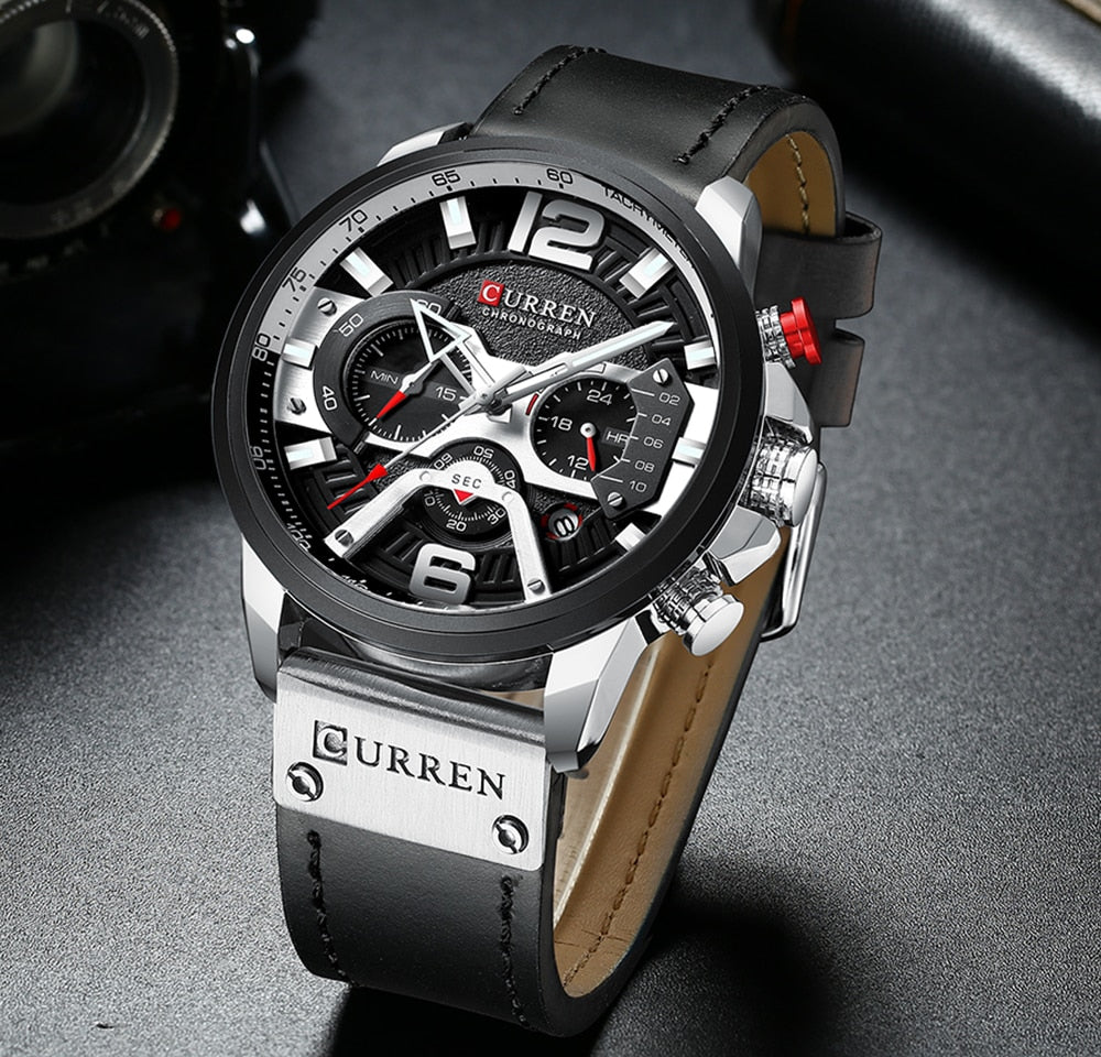 black leather band curren watch