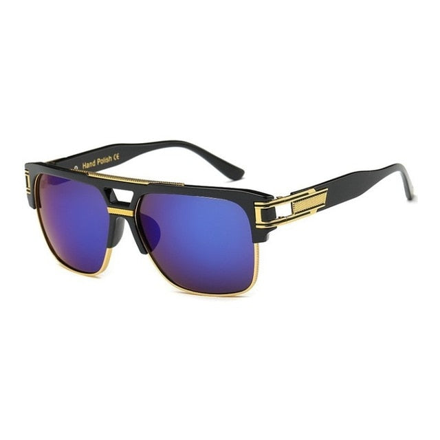 blue lens black frame gold accent sunglasses