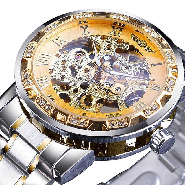 gold silver skeleton luxury watch insides