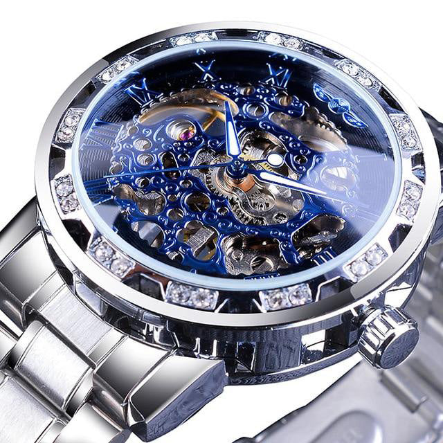 silver blue skeleton luxury watch