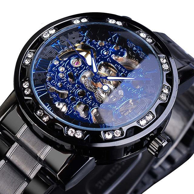 blue and gun metal skeleton luxury watch