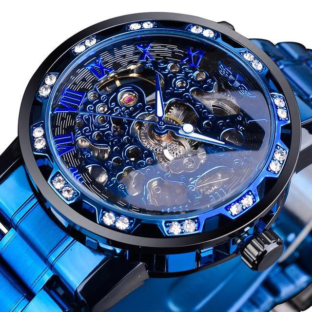 blue skeleton luxury watch