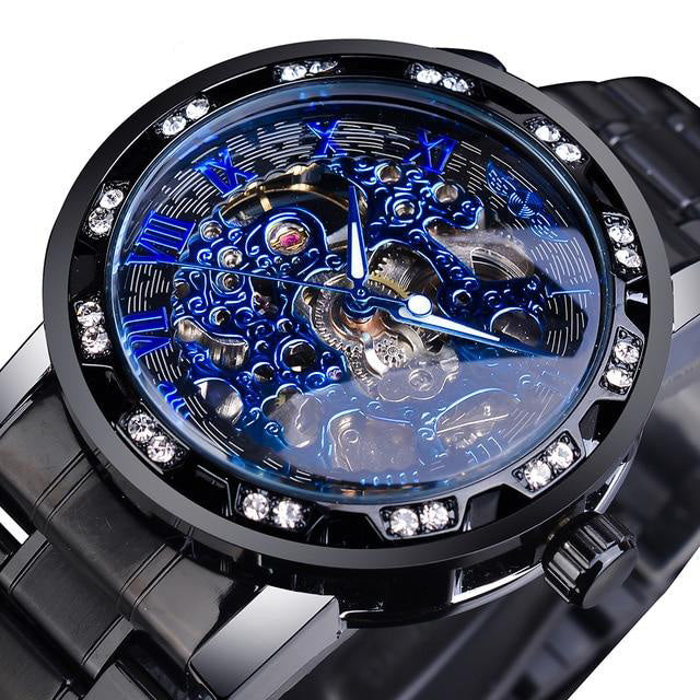 blue face diamond stud skeleton luxury watch