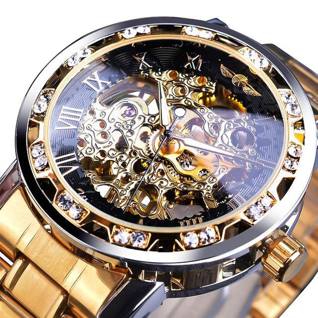 gold band skeleton luxury watch