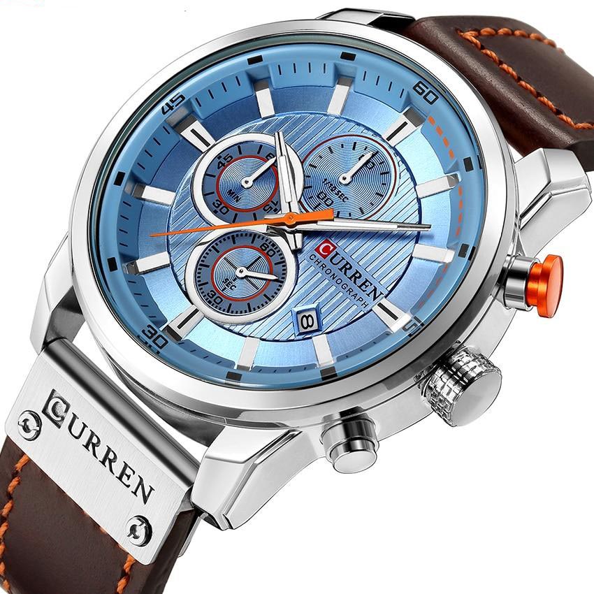 sky blue face stainless steel brown leather band curren watch