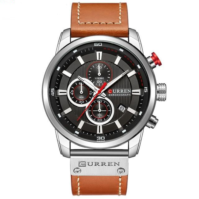 black face stainless steal red accents stainless steel camel leather band curren watch