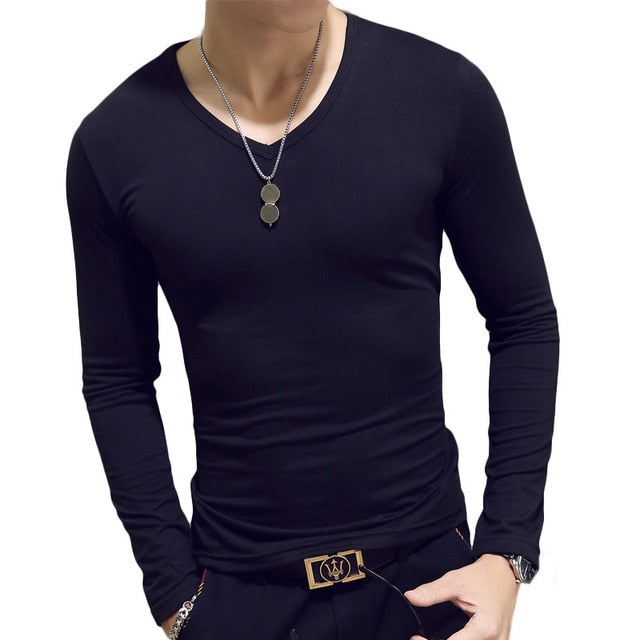 black v-neck slim fit long sleeve t-shirt