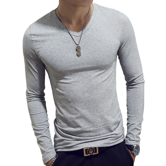 gray v-neck slim fit long sleeve t-shirt