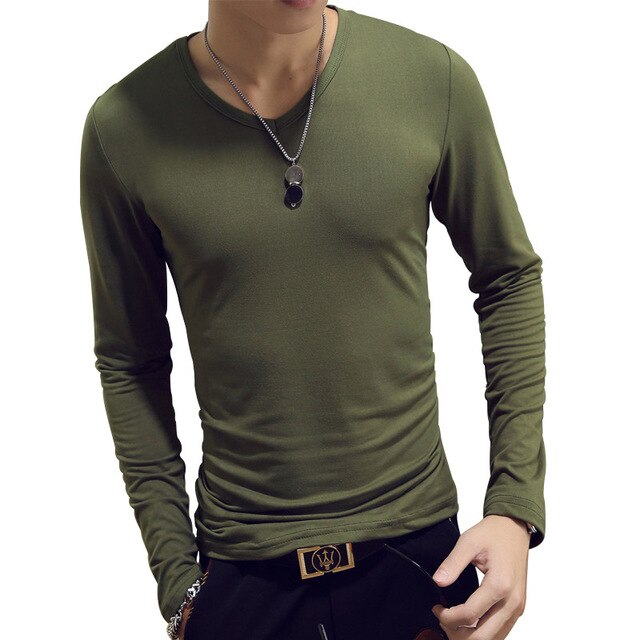 army green v-neck slim fit long sleeve t-shirt