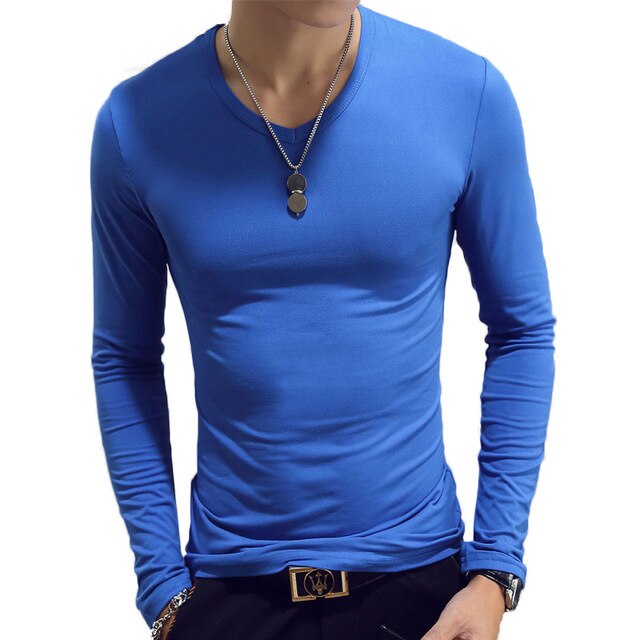 royal blue v-neck slim fit long sleeve t-shirt
