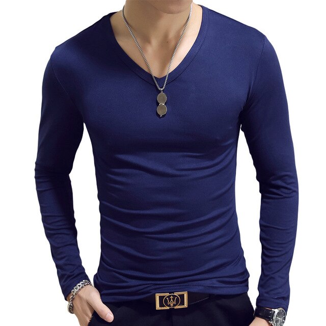 navy blue v-neck slim fit long sleeve t-shirt