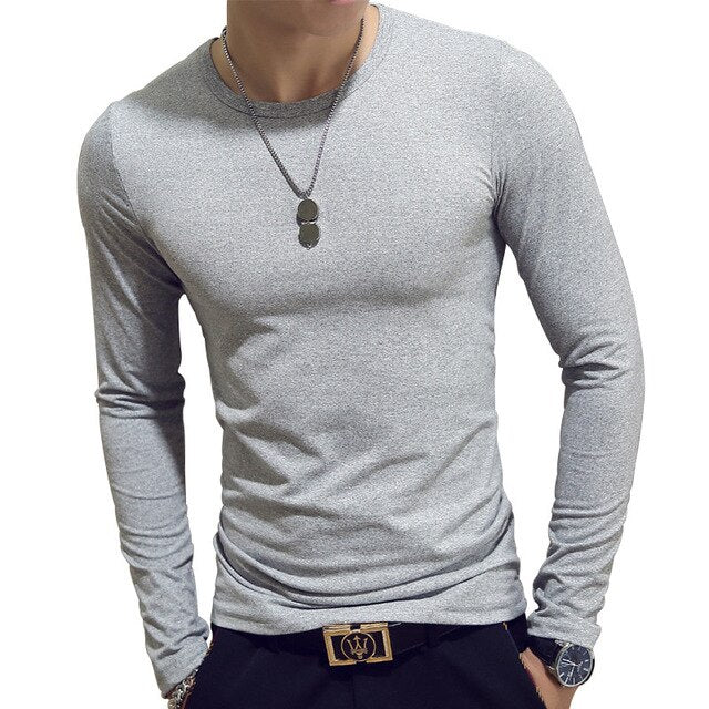 gray round neck slim fit long sleeve t-shirt