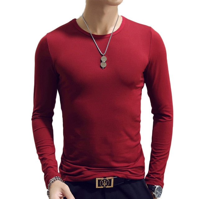 burgundy red round neck slim fit long sleeve t-shirt
