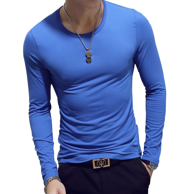 sky blue round neck slim fit long sleeve t-shirt