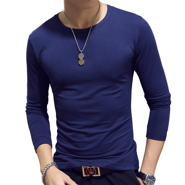 blue round neck slim fit long sleeve t-shirt