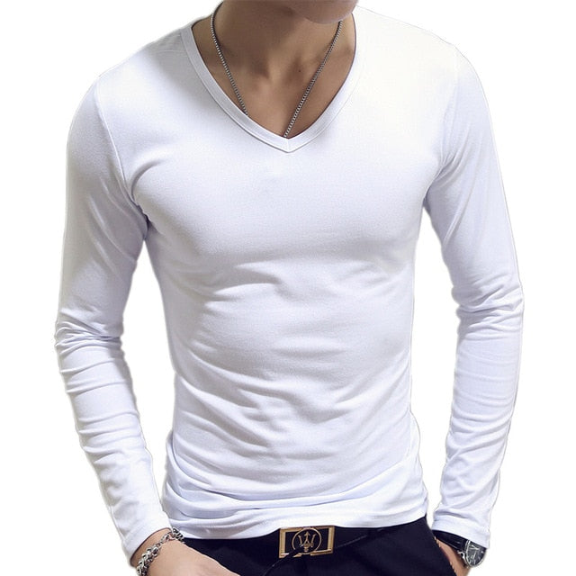 white v-neck slim fit long sleeve t-shirt