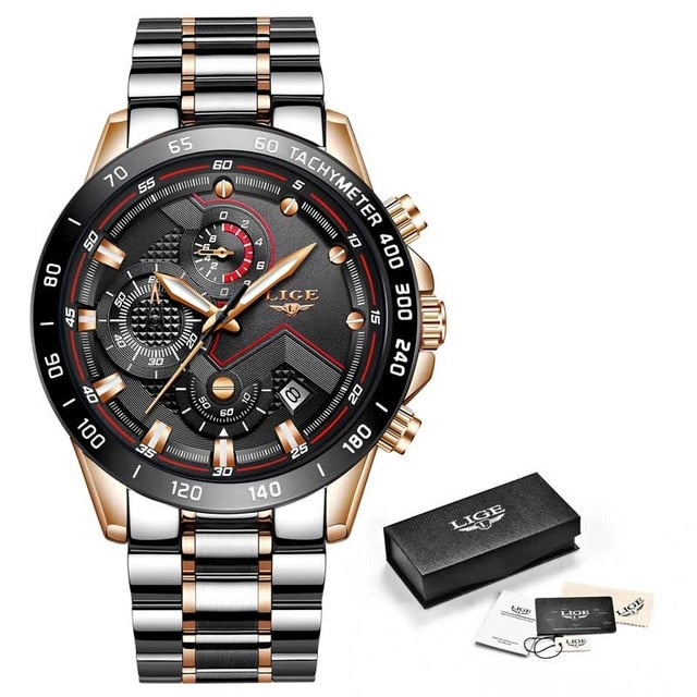 black rose gold red line metal band watch