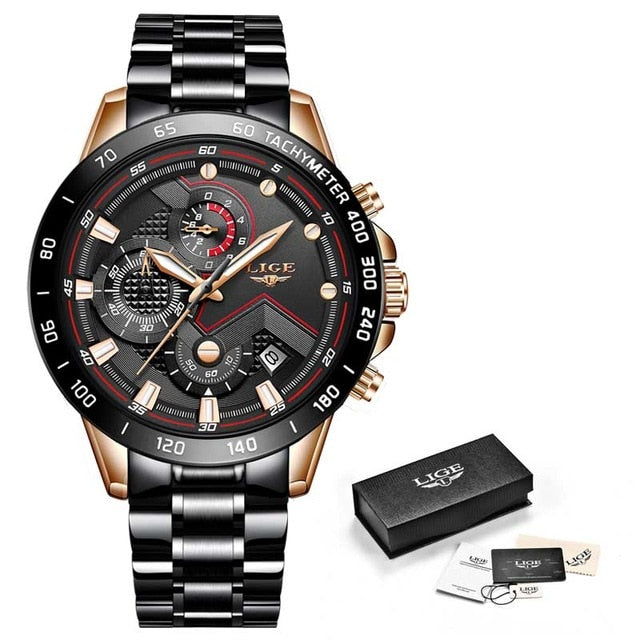 black rose gold red line metal band watch