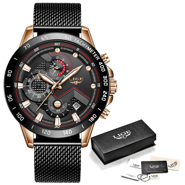 black rose gold red line metal band watch gift box