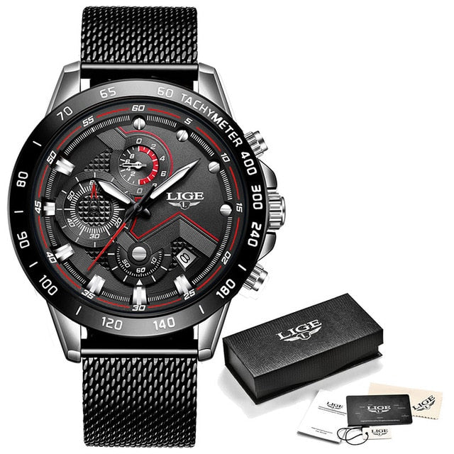 black stainless steel metal band watch