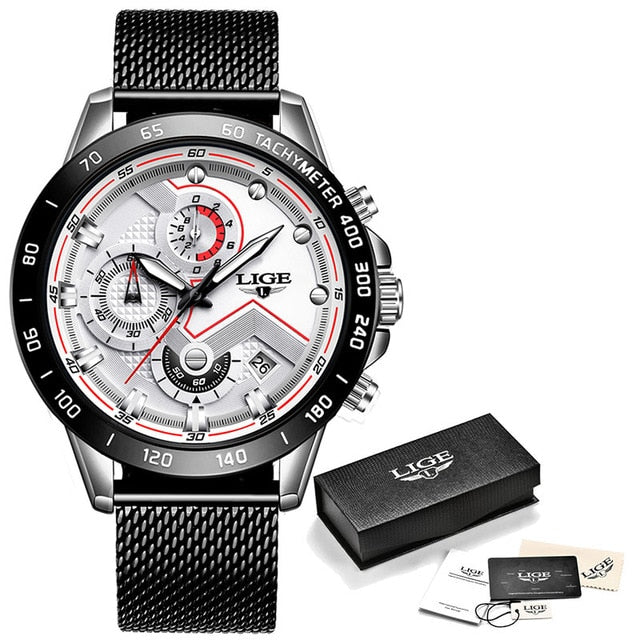 black white red line metal band watch gift box