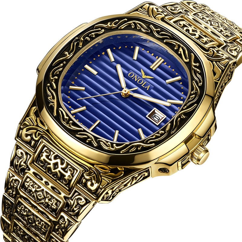 blue face gold designer engraved artistic onola watch