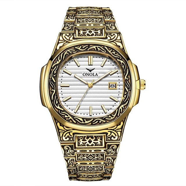 white face gold designer engraved artistic onola watch