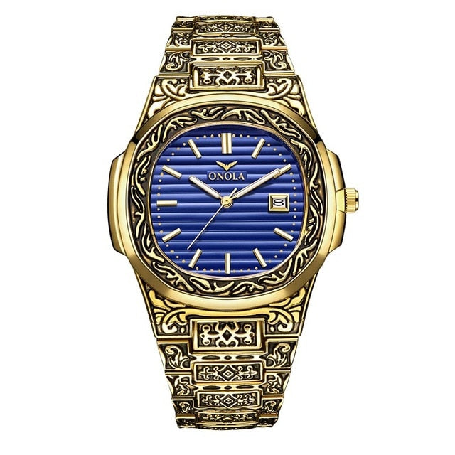 blue face gold designer engraved artistic onola watch