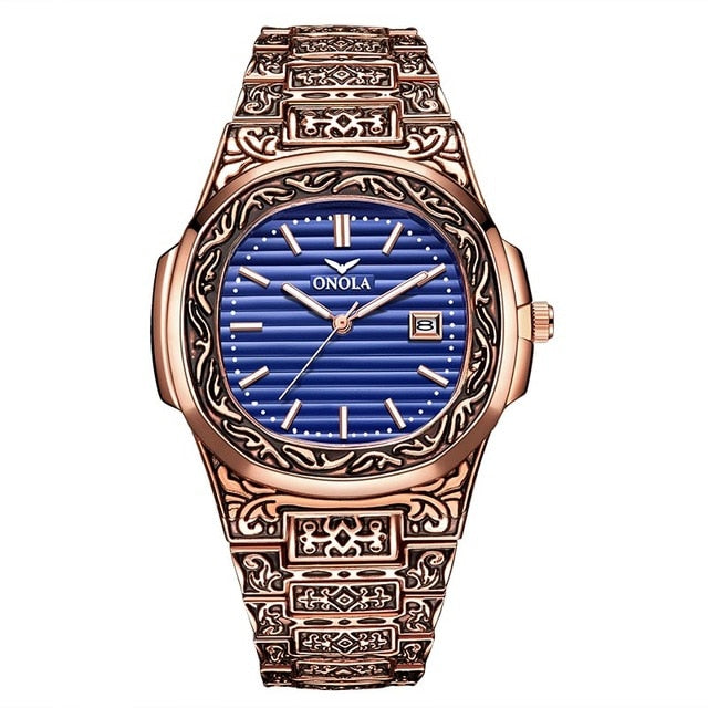 blue face rose gold designer engraved artistic onola watch