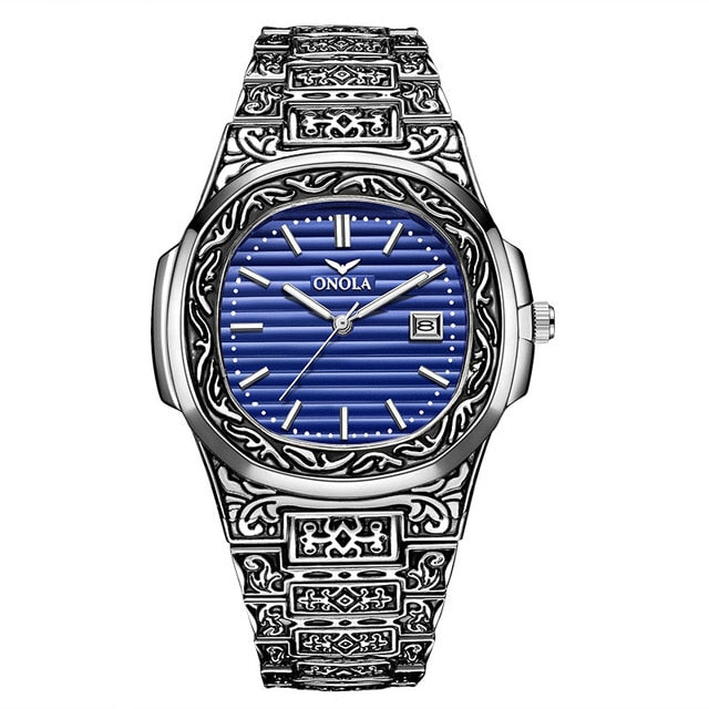 blue face silver designer engraved artistic onola watch