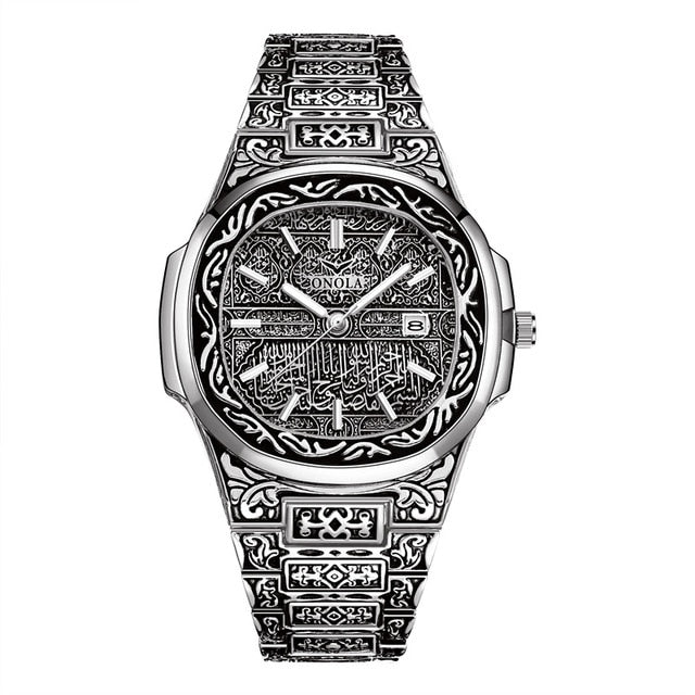 silver designer engraved artistic onola watch