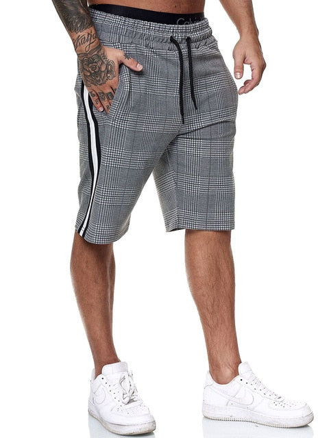 gray black white stripe line plaid drawstring shorts men