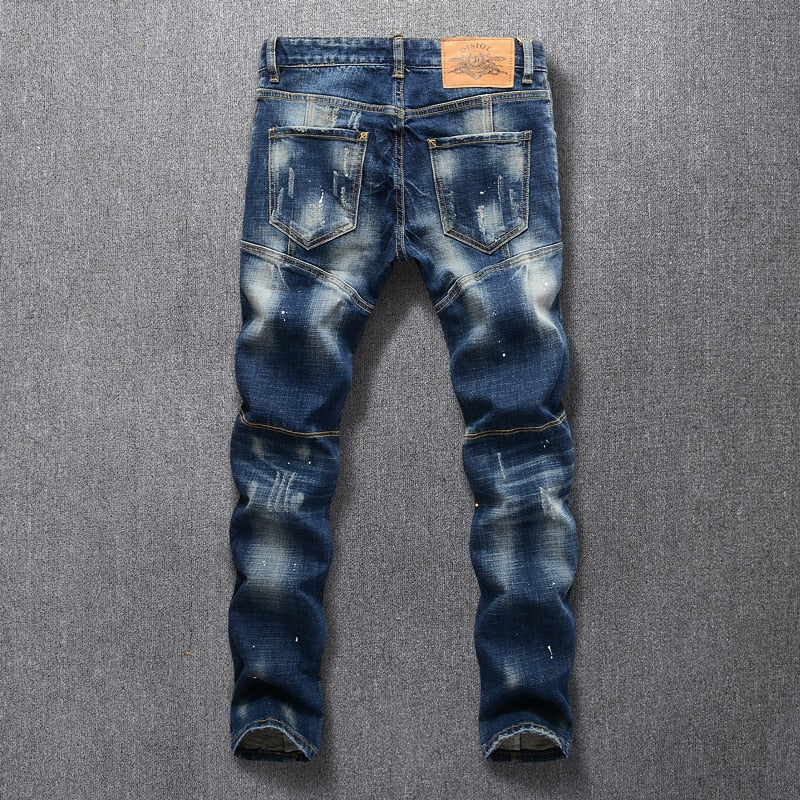 ripped designer blue jeans men back pockets