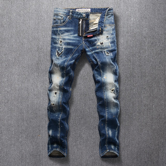 ripped designer stone washed blue jeans men