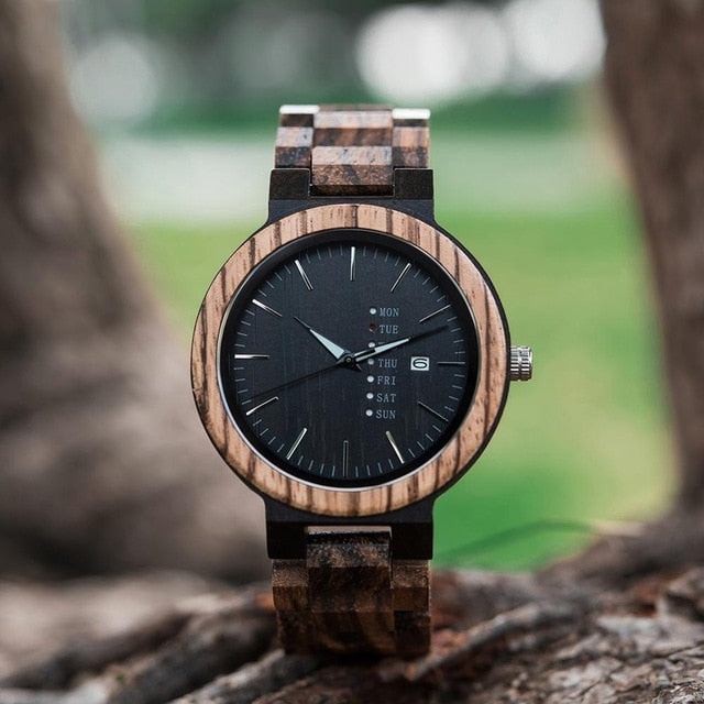 black face multi color wood grain watch