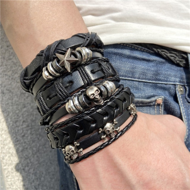 all black skull bones star charm leather bracelets