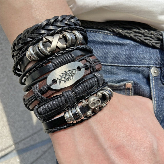 six piece gothic punk hip-hop leather bracelets