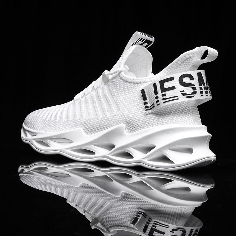 all white black lettering air sole running shoes