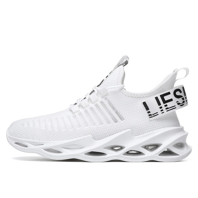 all white black lettering air sole running shoes