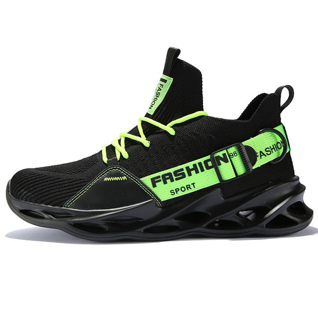 black fluorescent green air sole running shoes