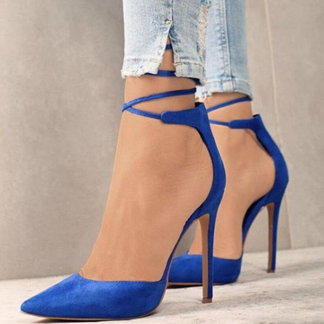 wrap around strap closed toe heel pumps royal blue